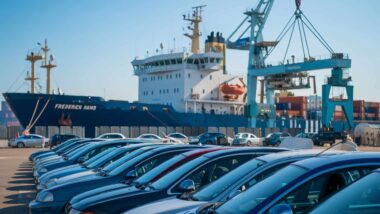 Des voitures dans un port à coté d'ujn bateau pour évoquer les véhicules de moins de trois ans