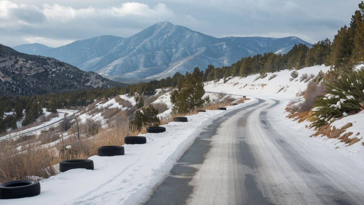 Météo hivernale illustrée par une route enneigée sur une montagne