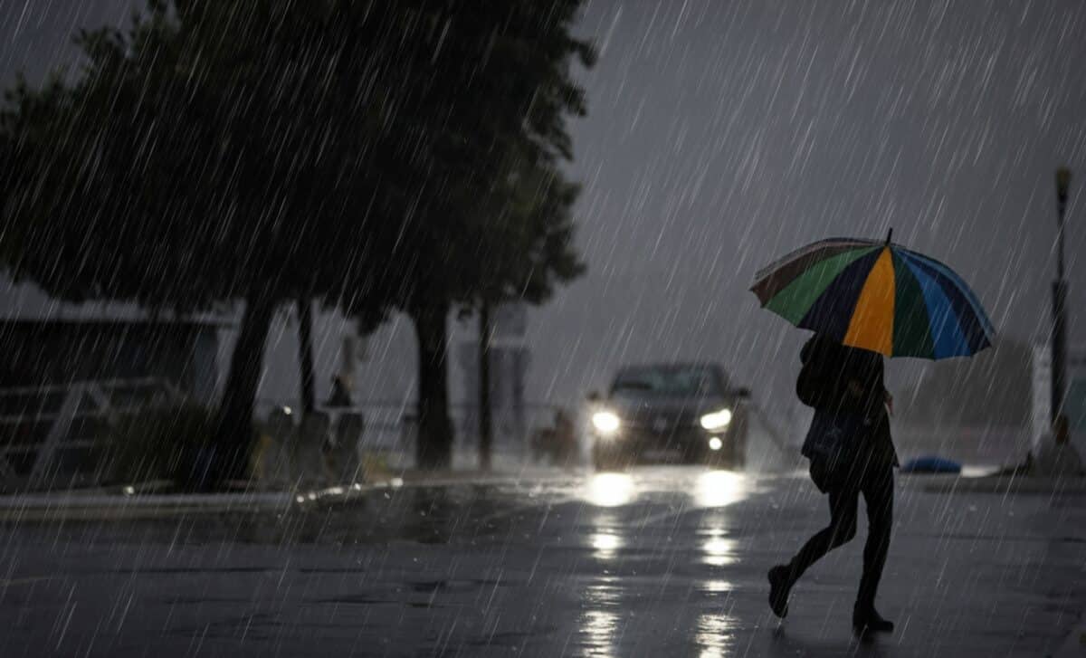 L'image montre une scène de pluie avec une personne traversant une route, protégée par un parapluie coloré. L'atmosphère est sombre, et les phares d'une voiture allumés renforcent l'impression de météo pluvieuse et de temps couvert.