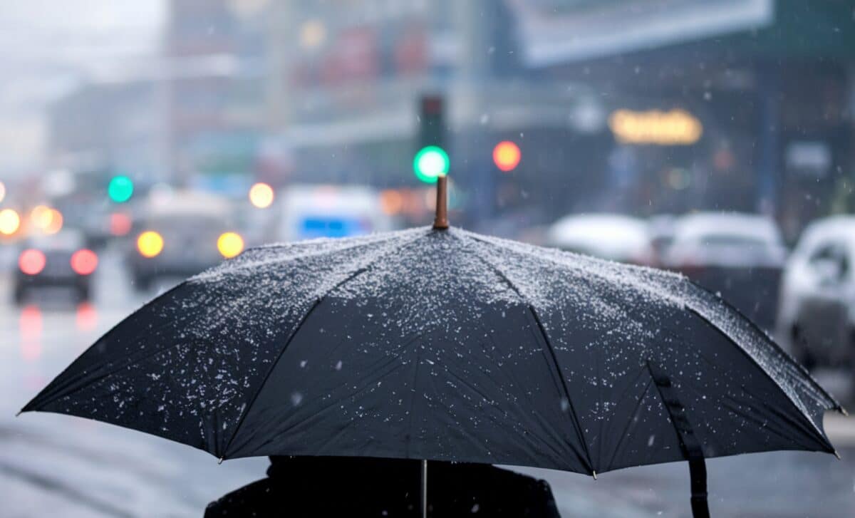 Une personne tenant un parapluie sous une météo hivernale