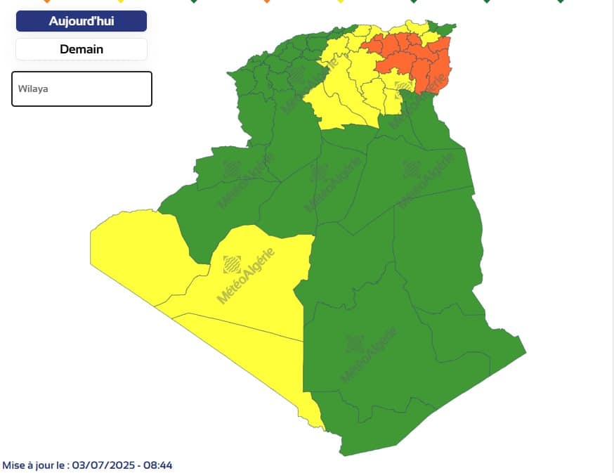 Météo Algérie : alertes jaune et orange pour orages et pluies dans plusieurs wilayas du nord Météo