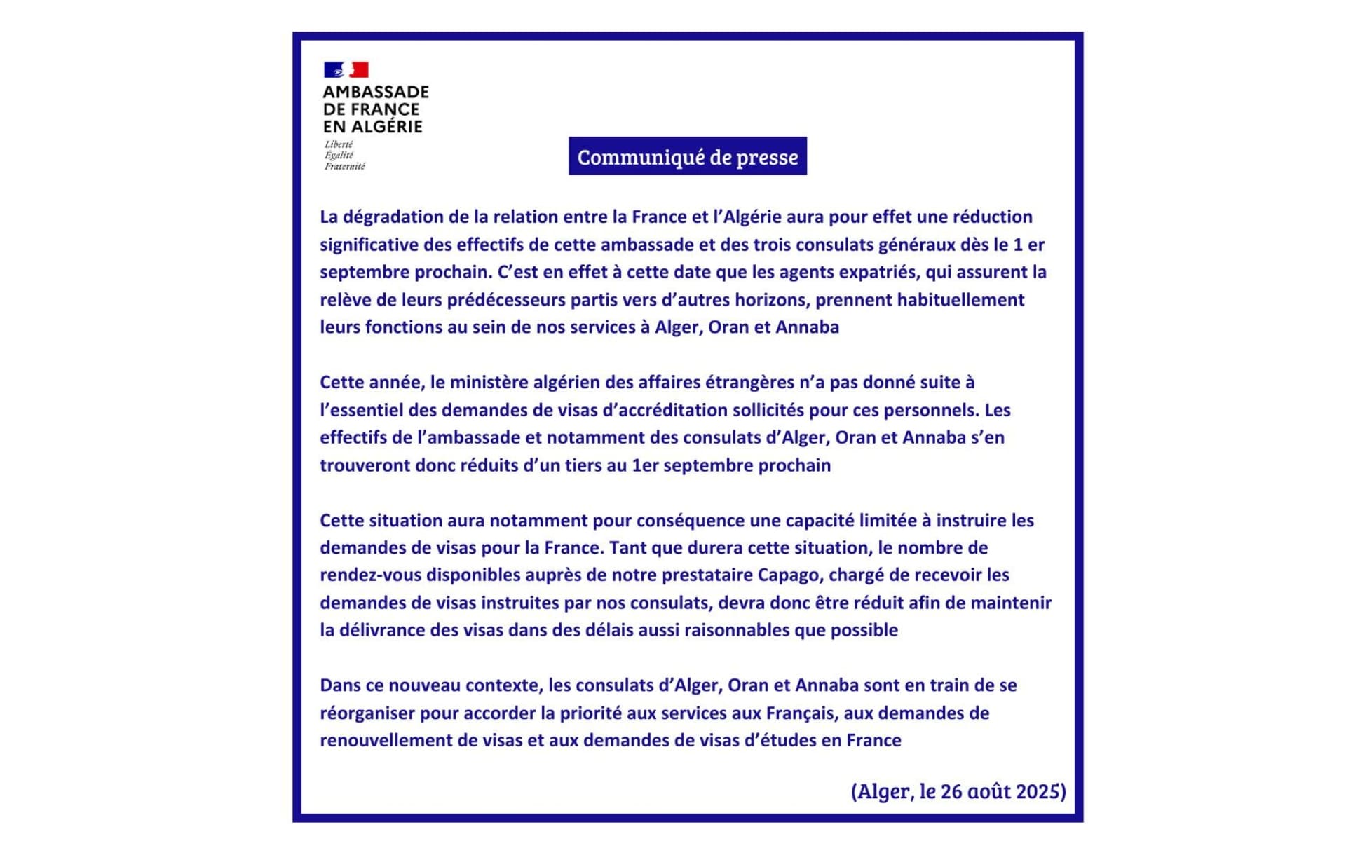 La France annonce une réduction de ses services consulaires en Algérie, quelles conséquences sur les visas ? Visas