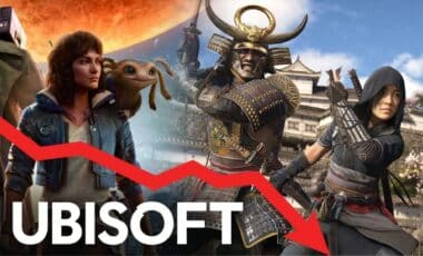 Montage de personnages Ubisoft, dont Star Wars et Assassin's Creed, avec une flèche rouge déclinante symbolisant la chute en bourse de l'entreprise.