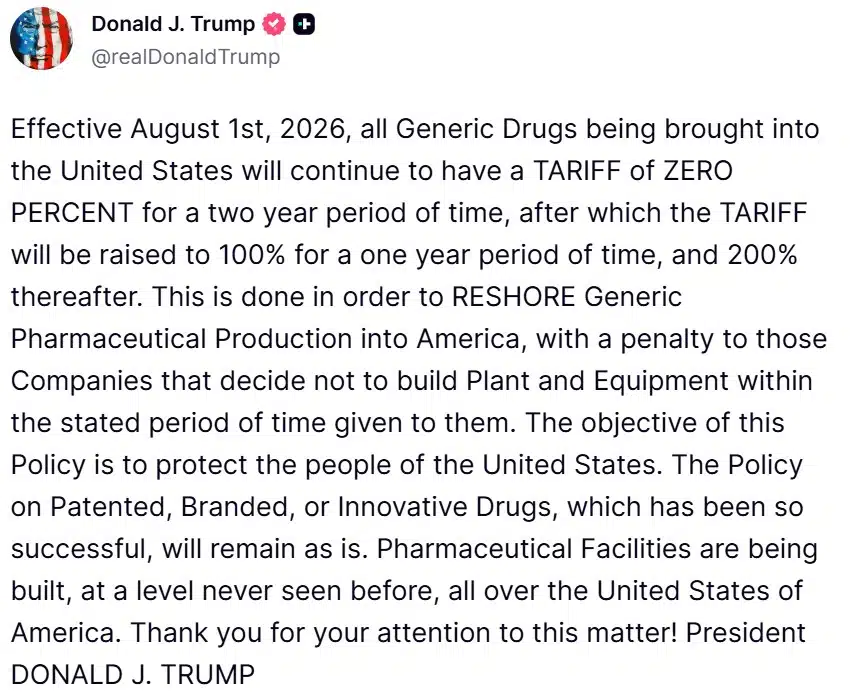 Médicaments génériques : Trump annonce des droits de douane pouvant atteindre 200 % Trump