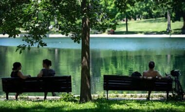 Personnes assises sur un banc devant un lac