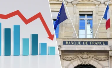 Le siège de la Banque de France avec à côté un graphe décroissant pour illustrer le recul de la croissance