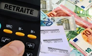 Calculatrice sur laquelle est écrit le mot retraite, des billets posés sur la table à côté de relevés de l'Agirc-arrco