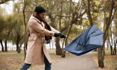 Météo venteuse illustrée par une femme qui tient un parapluie que le vent veut lui arracher