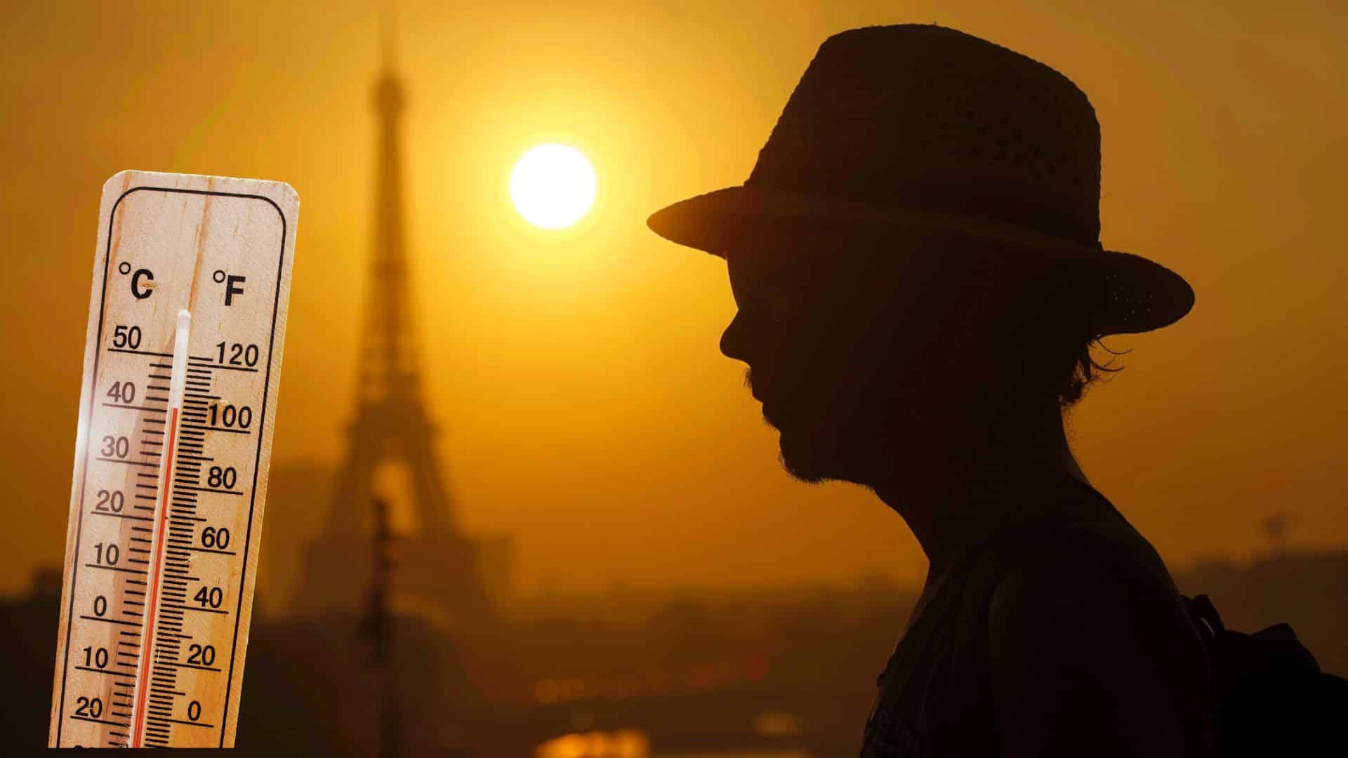 Une photo d'une personne avec la tour Eiffel en arrière-plan illustrant une météo caniculaire