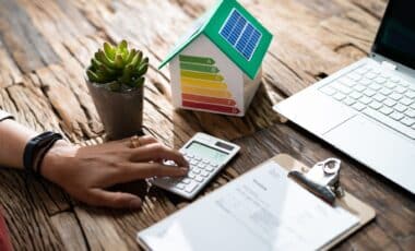 Prime Cee illustrée par une maquette de maison, une calculatrice et des feuilles posées sur une table