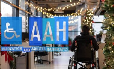 Photo montage montrant une personne handicapée dans un endroit portant des décorations lumineuse et le logo de l'AAH