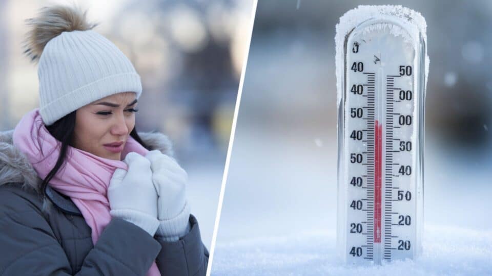 Météo avec un thermomètre et une femme qui a froid