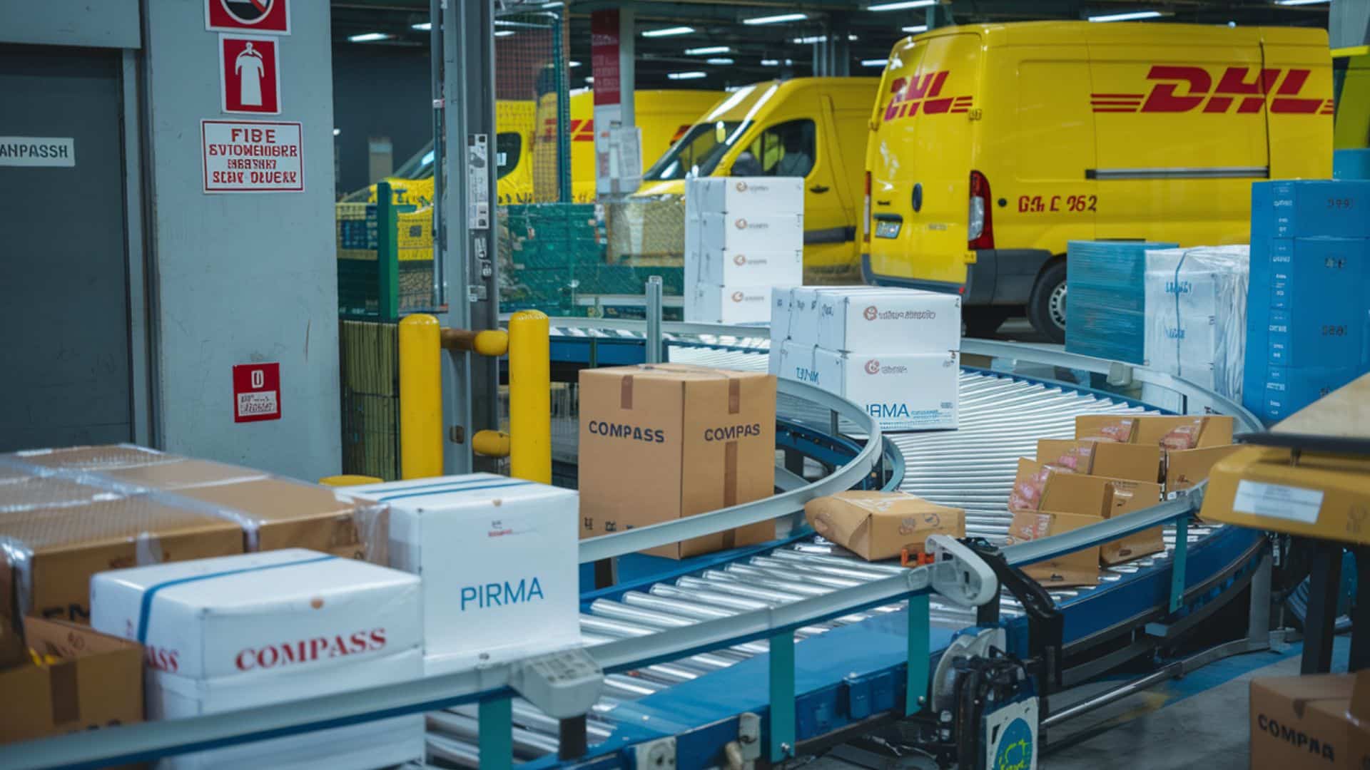 Un centre de tri de DHL avec des fourgons
