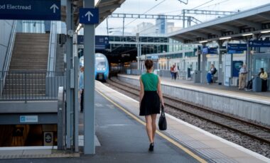 une femme en jupe noire sur le quai d'une gare de train pour évoquer le RER E