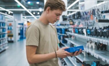 Un jeune homme habillé d'un T shirt beige et d'un pantalon noir qui choisi un produit en magasin pour évoquer les enseignes préférées des français