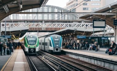 Une gare animée avec deux trains en vert et en blanc et des passagers sur les quais pour illustrer l'aide aux frais de transport