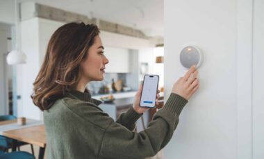 Une femme aux cheveux bruns en train de régler un thermostat accroché au mur