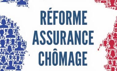 L'image représente la réforme de l'assurance chômage en France, avec une carte stylisée composée de silhouettes humaines en bleu et rouge.