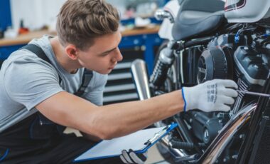 Un technicien effectuant un contrôle technique sur un deux-roues