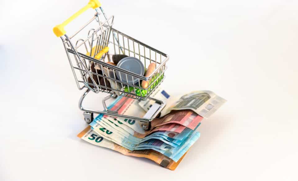 L'image montre un chariot de supermarché miniature rempli de produits du quotidien posé sur des billets d'euros. Cette composition symbolise le lien entre le pouvoir d'achat, la consommation et les dépenses des ménages.