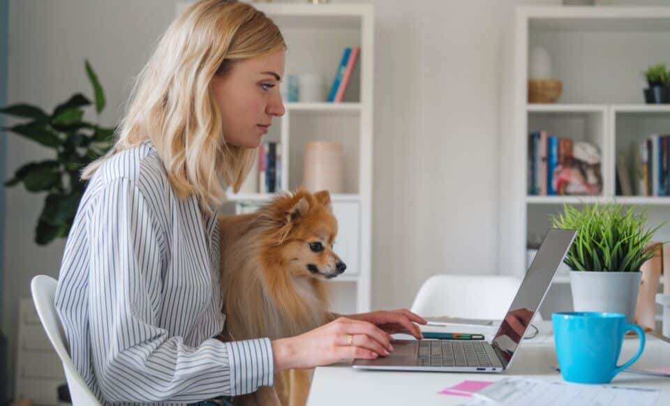 Une femme blonde assise face à un ordinateur, posé sur un bureau en bois, qui tient un chien sur ses genoux