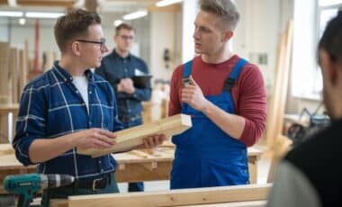 un homme en chemise bleu, qui porte des lunettes, tenant un morceau de bois etre les main, qui regarde un autre homme, blond, qui porte une combinaison de travail bleu et un T shirt rouge, das ce qui semble etre un atelier de mensuiserie