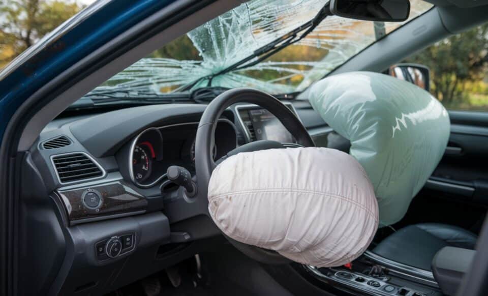 l'interieur d'un véhicule avec deux airbags éclaté du coté du conducteur et du coté passager