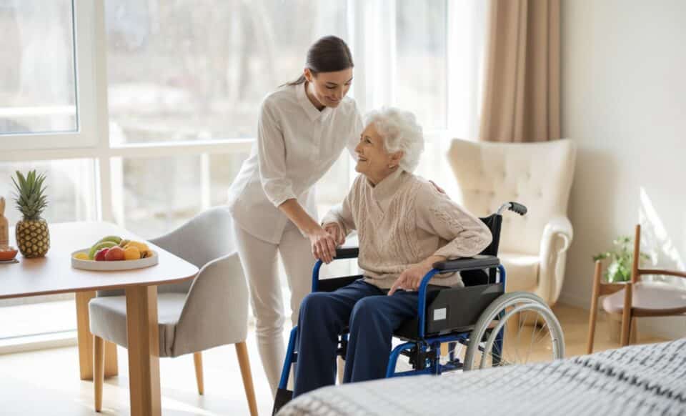 une jeune femme habillée en blanc, debout devant une femme agées en fauteuil roulant, dans ce qui semble etre une maison moderne