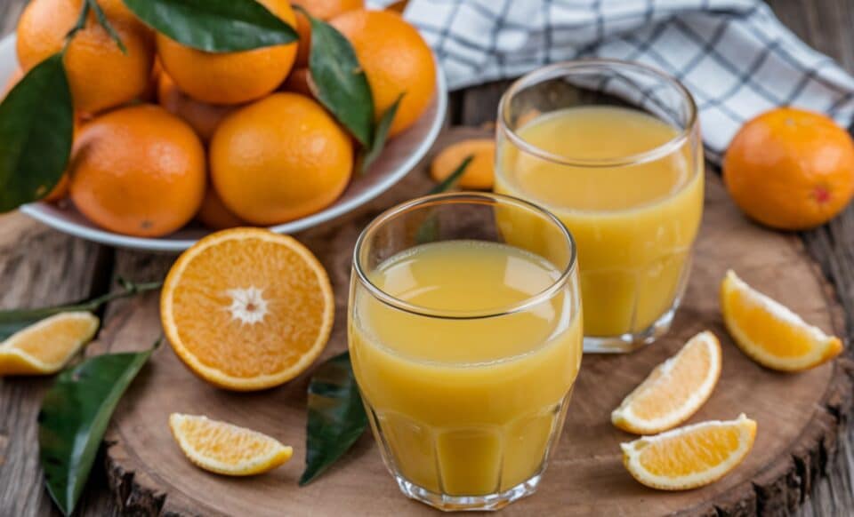 Deux verres de jus de clémentine déposés sur une table, devant une corbeille de clémentine et des clémentines épluchées et découpées