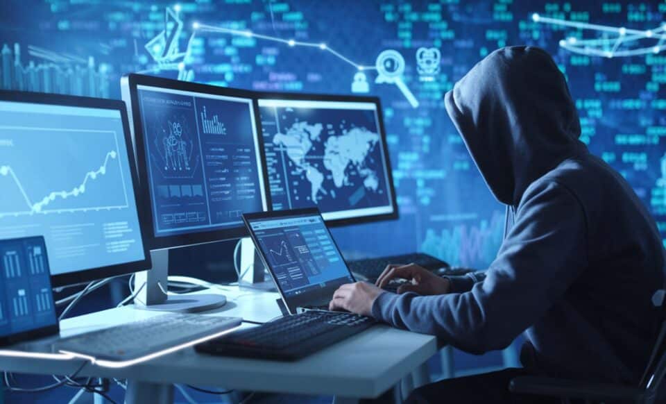 une personne vetue d'une capuche noir qui manipule un ordinateur, assis sur un bureau face à plusieurs écrans pour évoquer la Cybercriminalité