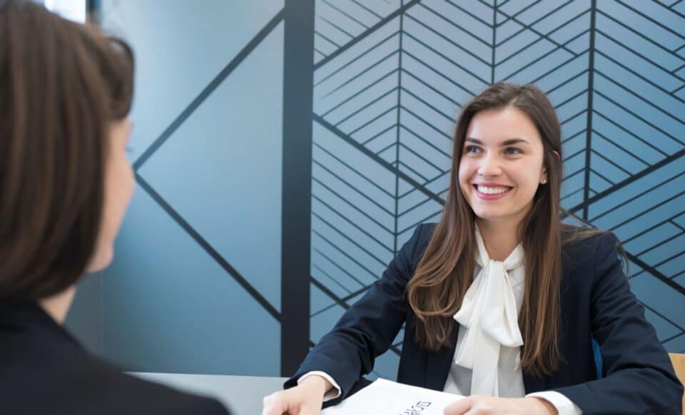 une femme vetue d'une chemise blanche et d'un blazer noir, face à une autre personne, lors de ce qui semble être un entretien pour décrocher un emploi