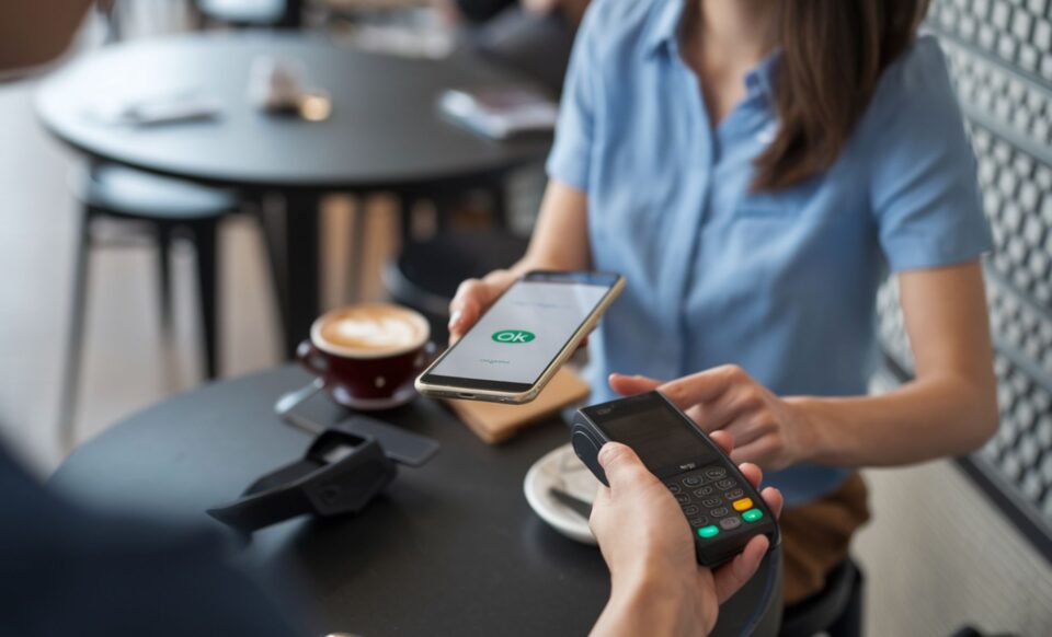 Une femme vêtue d'un T shirt bleu tient un smartphone dans sa main au dessus d'une autre main qui tient un terminal de paiemet, dans ce qui semble être un café pour illustrer l'application d’Apple Pay