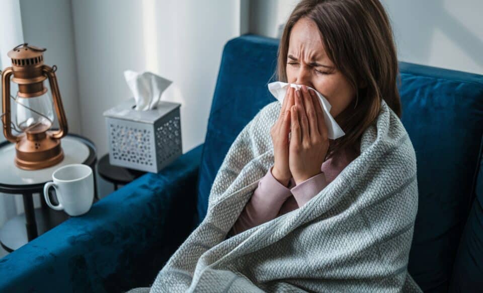 une jeune femme assise sur un canapé couverte d'un plaid qui se mouche le nez