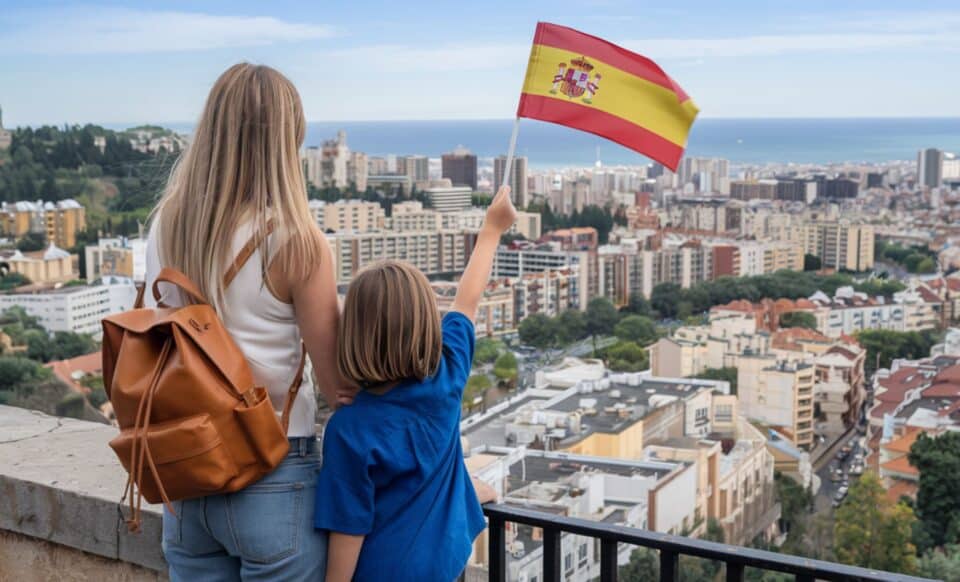 Une touriste avec une petite fille arborant le drapeau espagnol