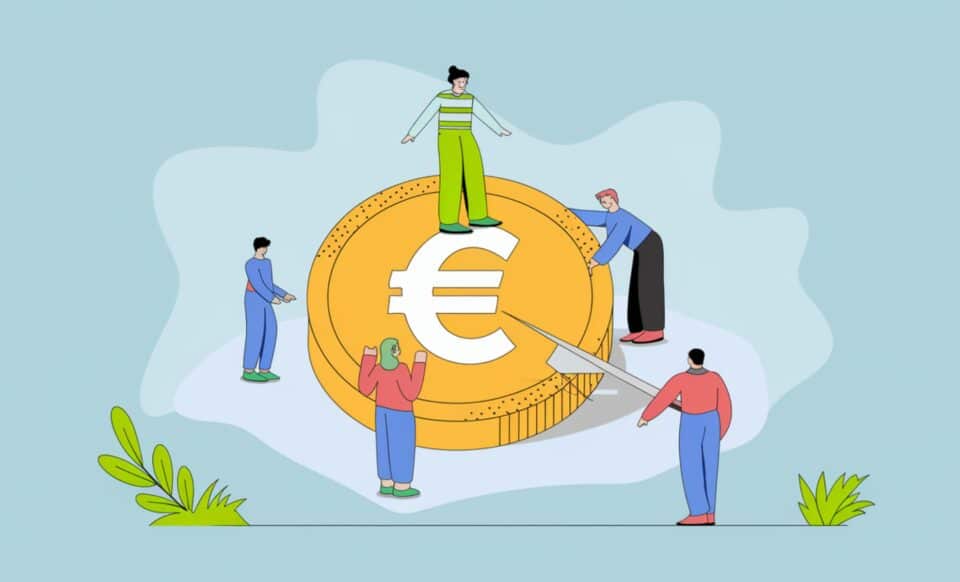 illustration d'une grande pièce d'argent avec le symbole de l'euro entouré par cinq personnes qui tentent de la découper avec un couteau pour illustrer la nouvelle prime des PME