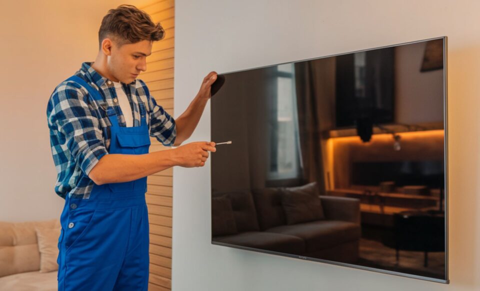 un jeune homme vetu d'une combinaison bleu debout devant un téléviseur avec un tournevis à la main réparant un téléviseur