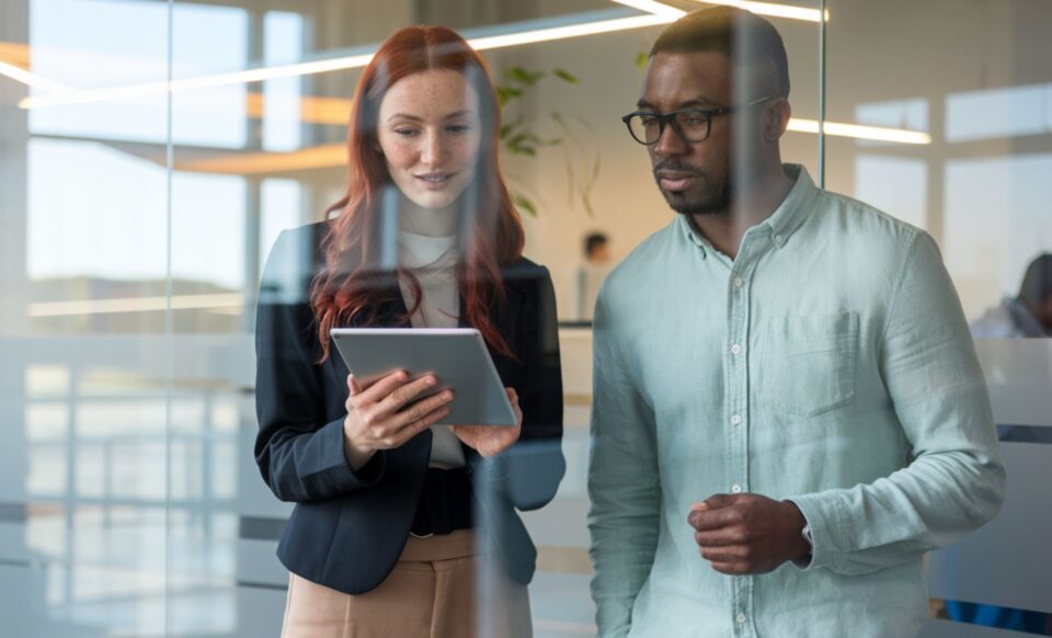 Une femme aux cheveux roux vetue d'un blazer noir se tient debout, une tablette a la main, devant un homme vetue d'une chemise bleu qui porte des lunettes pour illustrer l'étude de LinkedIn sur les métiers