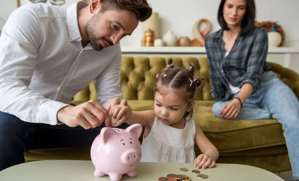 un homme en chemise blanche accompagné d'une petite fille, en train de déposer des pièces dans une tire lire en forme de cochon