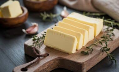 des morceaux de beurre disposés sur une planche à découper, avec des gousses d'ail et des herbes aromatiques