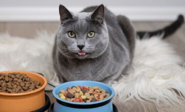 Un chat gris devant deux bols de croquettes pour évoquer un rappel produit