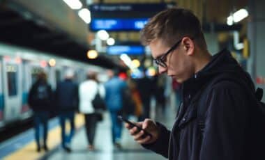 un jeune homme qui porte des lunettes, un smartphone à la main, debout dans ce qui semble etre une station de métro