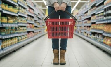 une personne debout entre les rayons d'un supermarché qui porte un panier rouge