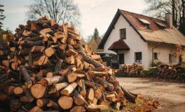 Cette image montre une pile de bois de chauffage empilée devant une maison, évoquant la préparation pour l'hiver et l'utilisation de bois comme source de chauffage.