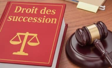 Un livre rouge intitulé "Droit des successions", illustré d'une balance dorée, est posé sur un bureau en bois aux côtés d'un maillet de juge symbolisant la justice.