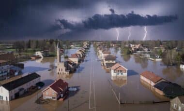 Une image montrant un village sous les eaux avec un ciel marqué par la grisaille et les éclaires pour symboliser une météo chaotique.