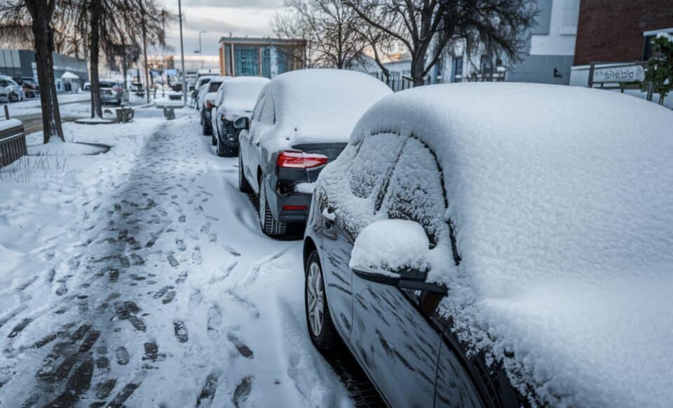 Rue urbaine enneigée avec des voitures recouvertes de neige pour illustrer une météo hivernale extrême