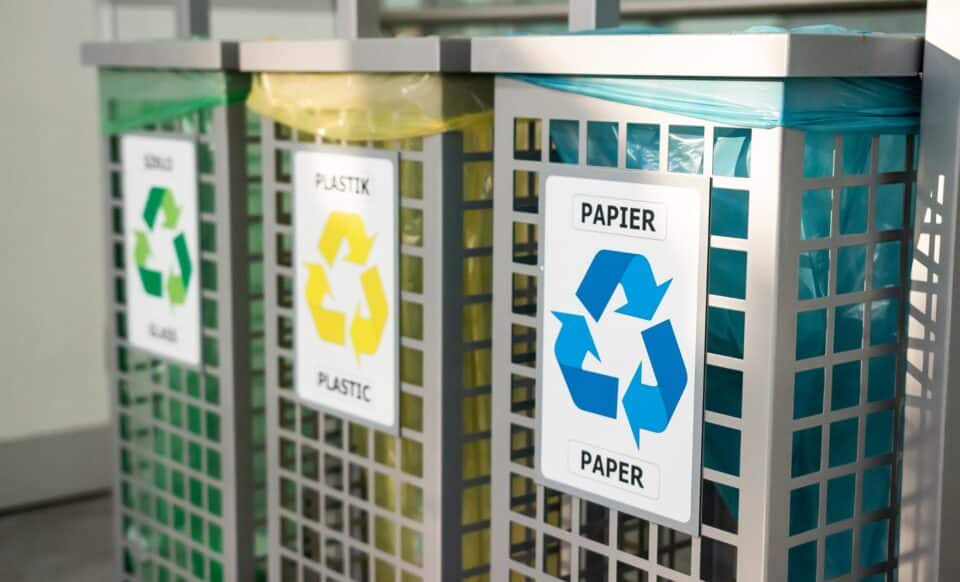 L'image montre des poubelles de tri pour le recyclage des déchets, illustrant le principe de la redevance incitative, basée sur la réduction et le tri des déchets produits.