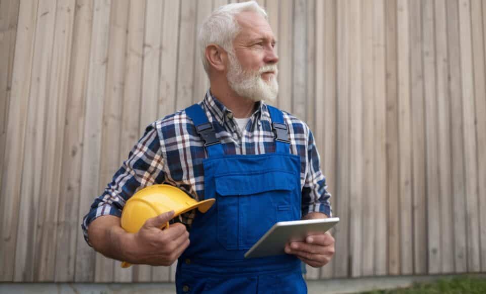 Un travailleur senior en tenue de chantier, casque à la main et tablette en main, symbolisant la transition vers la retraite après une carrière professionnelle.