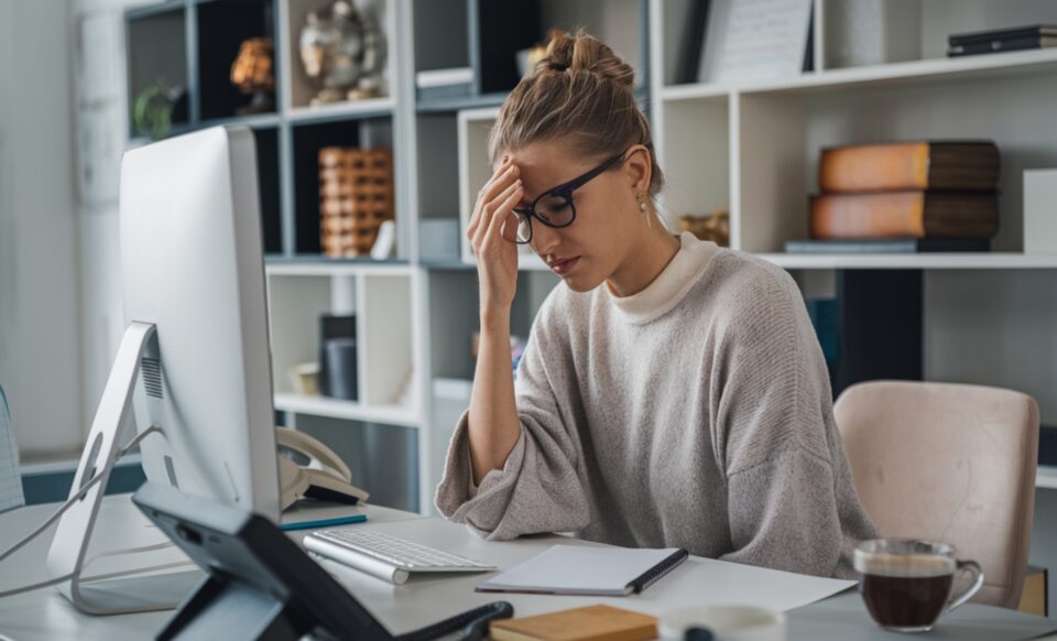 Une femme au bureau, visiblement fatiguée et stressée, symbolisant l’usure professionnelle liée aux métiers sédentaires et à la charge mentale. pour évoquer la retraite