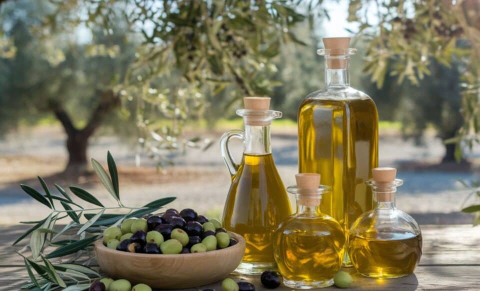 des bouteilles d'huile d'olive devant une assiettes d'olives